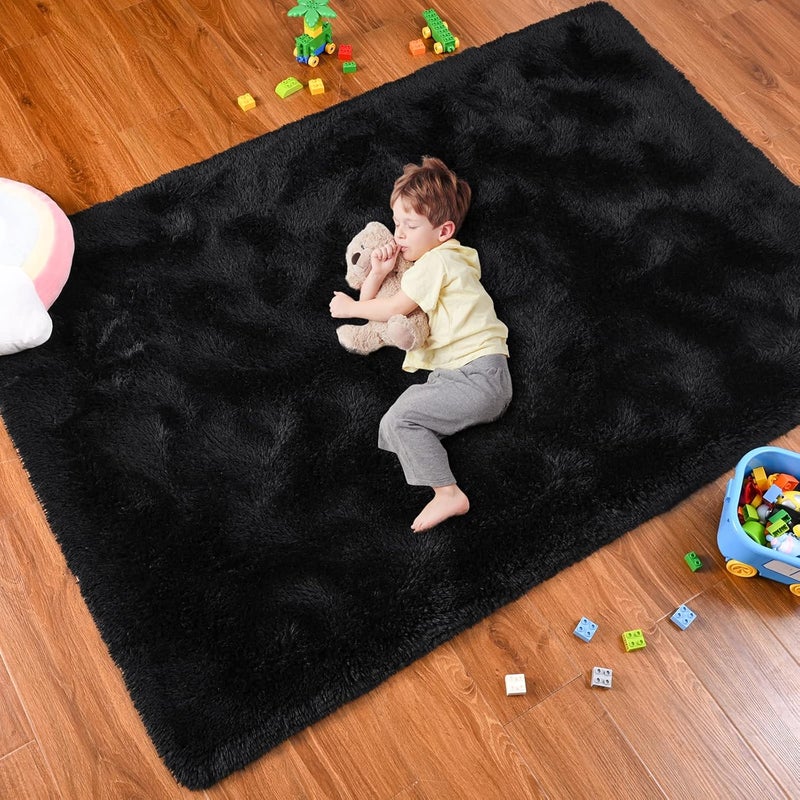 Softlife Area Rug for Living Room, Fluffy Shag Plush 5.3x7.6 Black Rugs for Bedroom Girls, Shaggy Soft Fuzzy Kids Large Carpet for Dorm Bedside Ultra Cozy Non-Slip Indoor Decor - Image 4